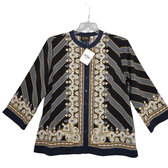 Bob Mackie Bombay Placement Print Long Sleeve Button Front Blouse Multi Size L - Picture 1 of 9